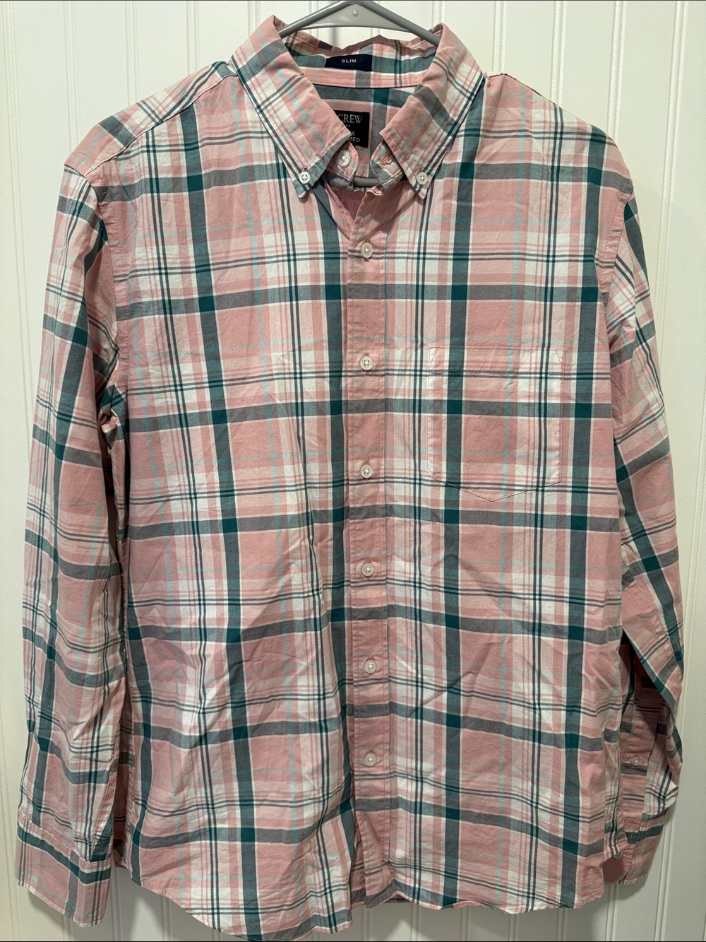 J. Crew Men’s Pink and Green Plaid Button-Down Shirt